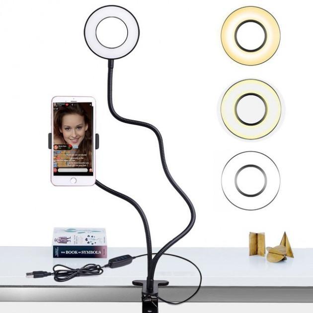 Кільцева LED-лампа з тримачем для телефону (USB, 10 рівнів яскравості, 3 режими світла)