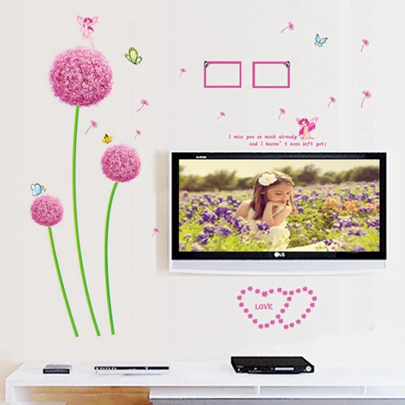 Наклейка на стіну квіти, наклейки на шафу, вітрини "3 фіолетових кульбаби і феї 1м15см*105см" (лист 45*60см)