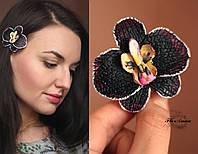 Заколка цветок "Черная орхидея с круглыми лепестками"