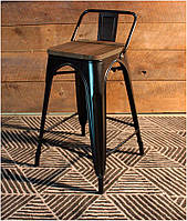 Табурет барный Tolix черный металлический со спинкой, с деревянным сиденьем