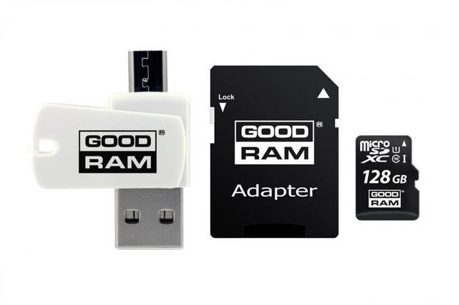 Картка пам'яті MicroSDXC 128GB UHS-I Class 10 GoodRam + SD Adapter + OTG Card reader (M1A4-1280R12), фото 1