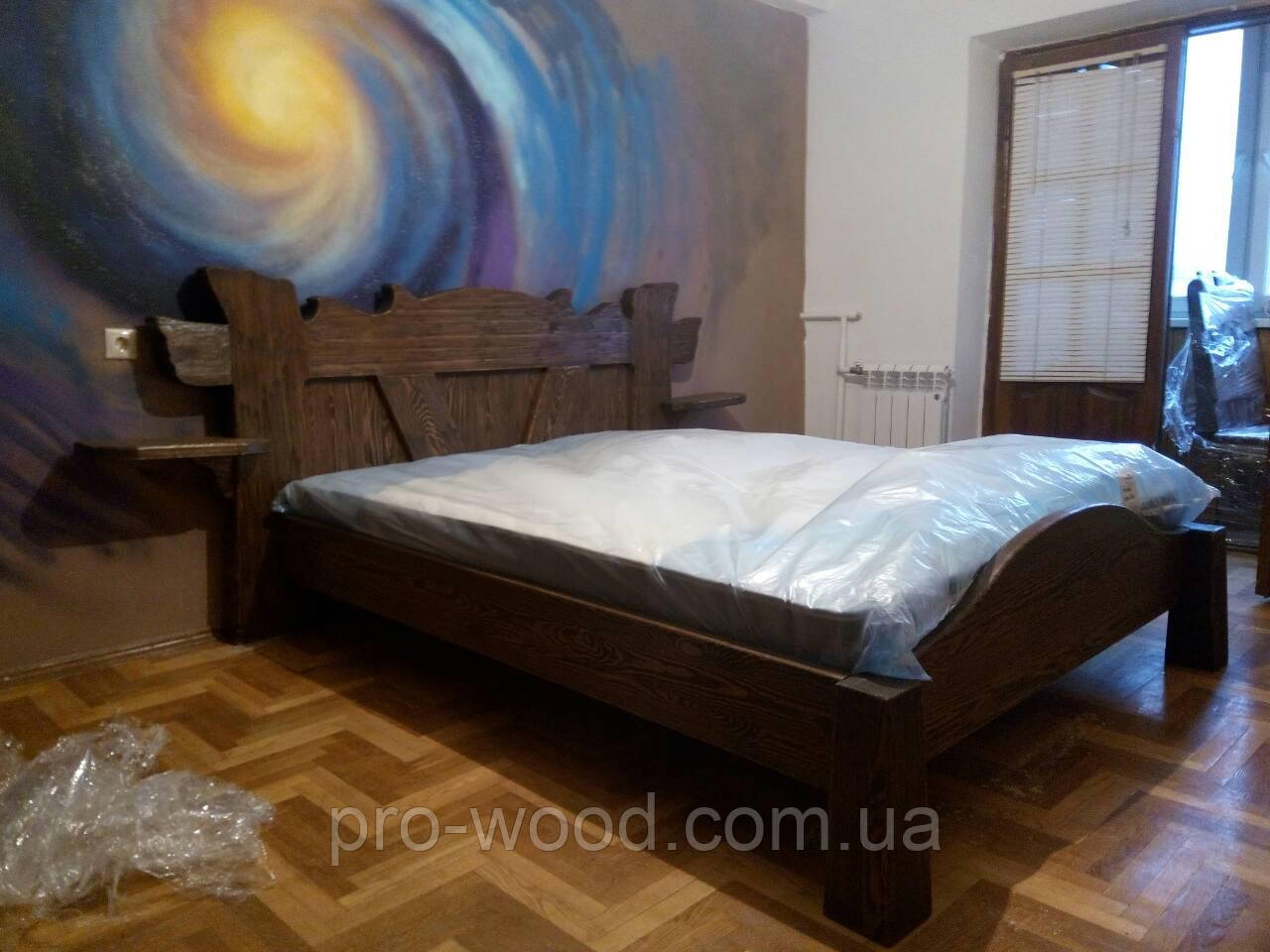 Ліжко двоспальне дерев'яне з приліжковими полицями, фото 1