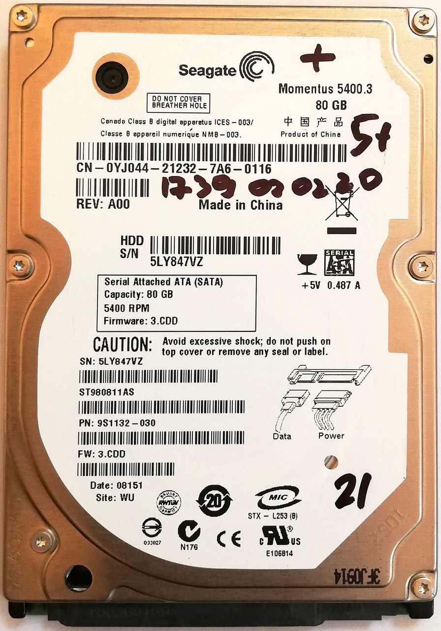 Жесткий диск для ноутбука Seagate Momentus 80GB 2.5" 8MB 5400rpm 1.5Gb/s (ST980811AS) 3.CDD SATA Б/У