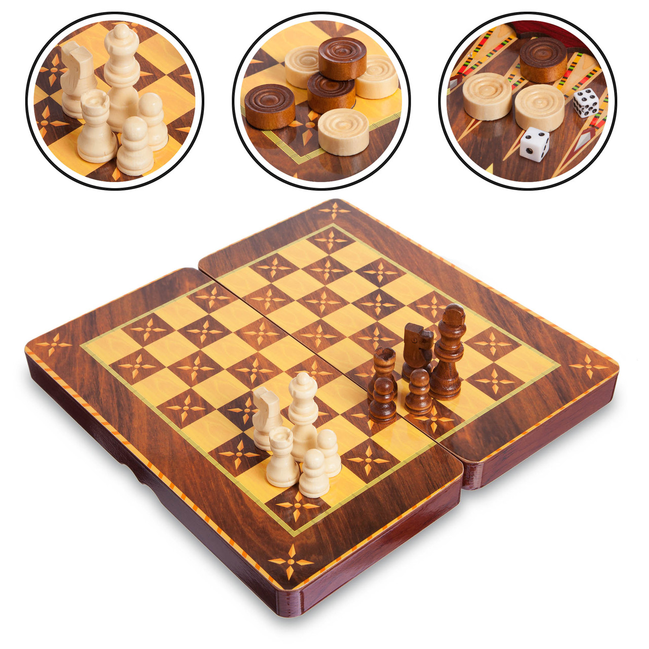 Шахи дерев'яні 5566 шахи + шашки + нарди: розмір 29х29см