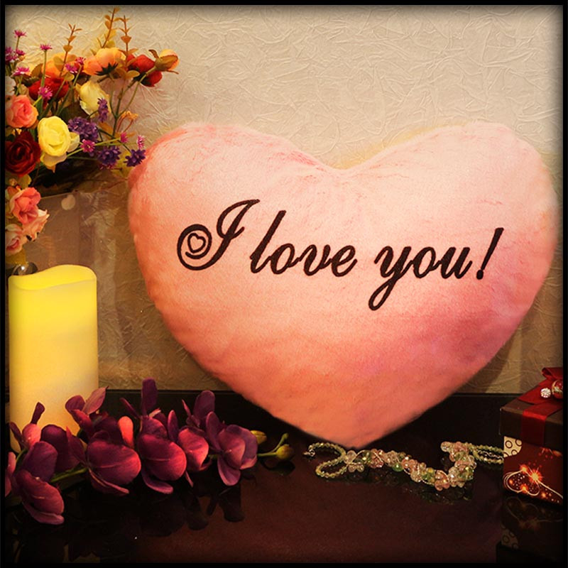 Світна подушка, нічник у формі серця I love You рожева