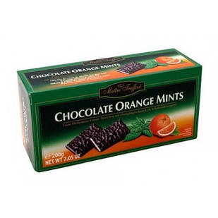 Шоколадні цукерки з м'ятою й апельсинами Chocolate Mints Orange, 200 г, чорний шоколад м'ятно-апельсиновий