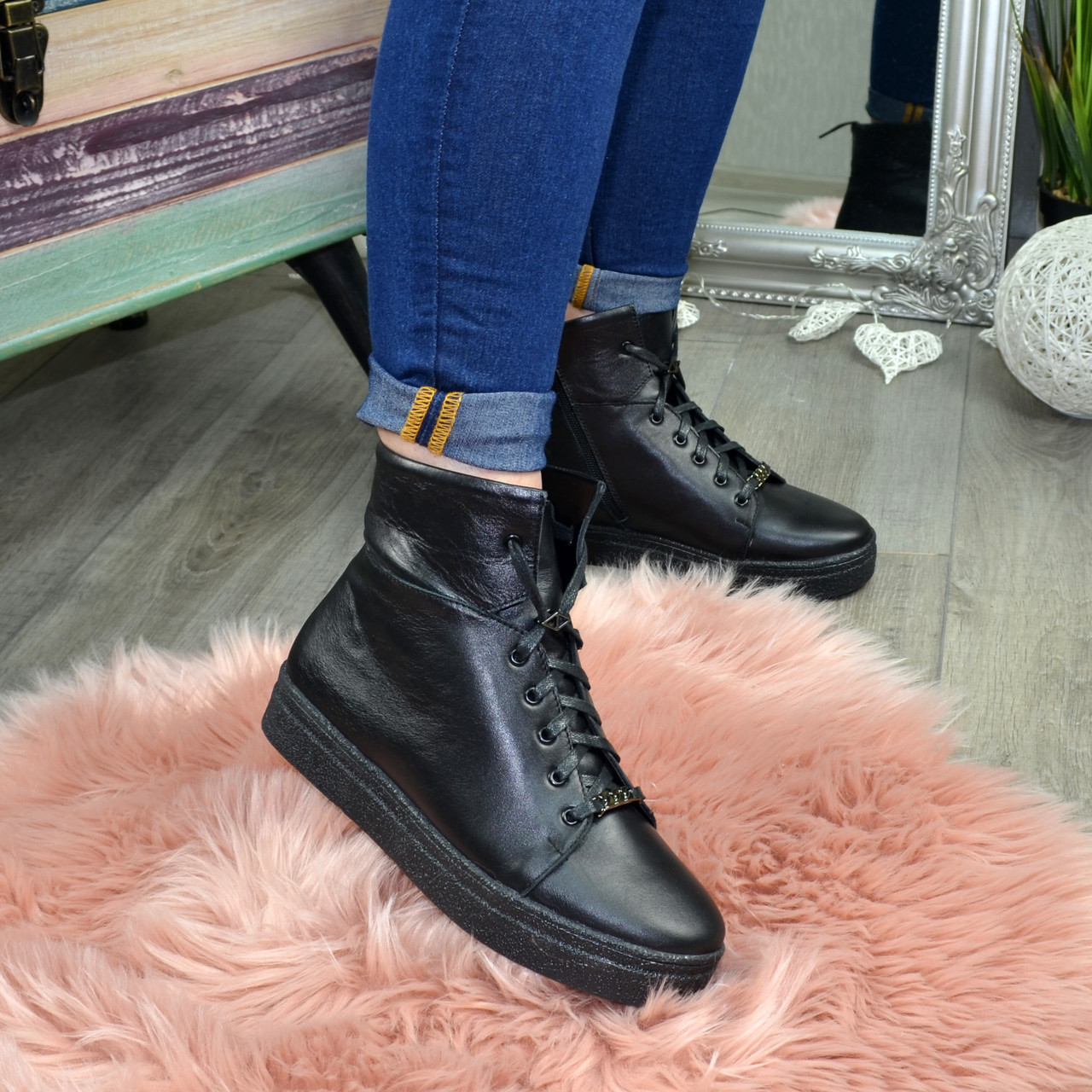 Черевики жіночі шкіряні на товстій підошві, чорний колір, фото 1