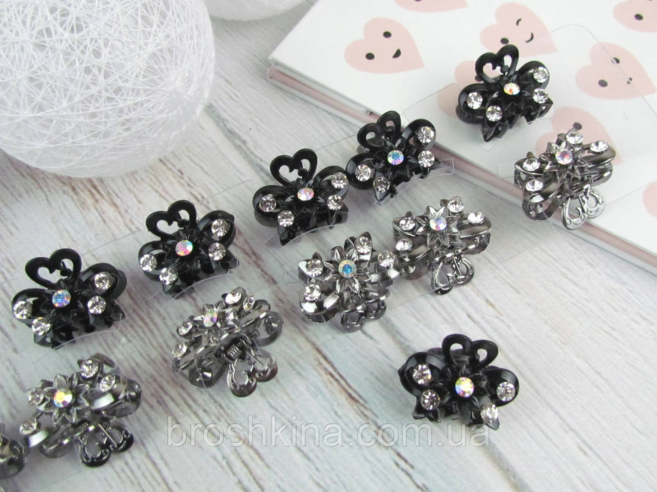 Крабики для волосся L 2,5 см метал зі стразами 12 шт/уп. два кольори, фото 1