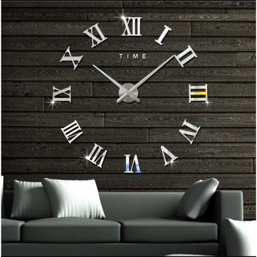 60-130 см Великі настінні годинники 3D, 3d годинник на стіну Римські цифри, срібло