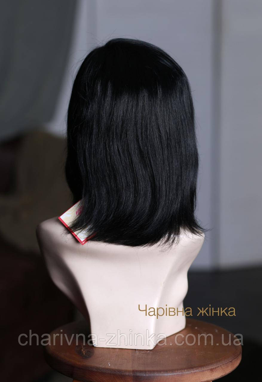 Парик женский средней длины из натуральных прямых волос с челкой черный - фото 2 - id-p1094407294
