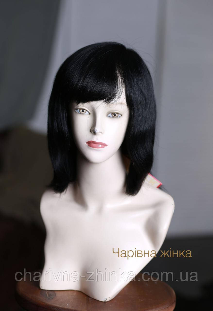 Парик женский средней длины из натуральных прямых волос с челкой черный - фото 1 - id-p1094407294