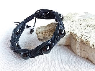 Браслет із Чорного Турмаліну d 10мм потрійний оплет