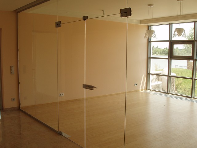 Вхідна група з подвійними дверима, суцільноскляні конструкції, маятникові двері, фото 1