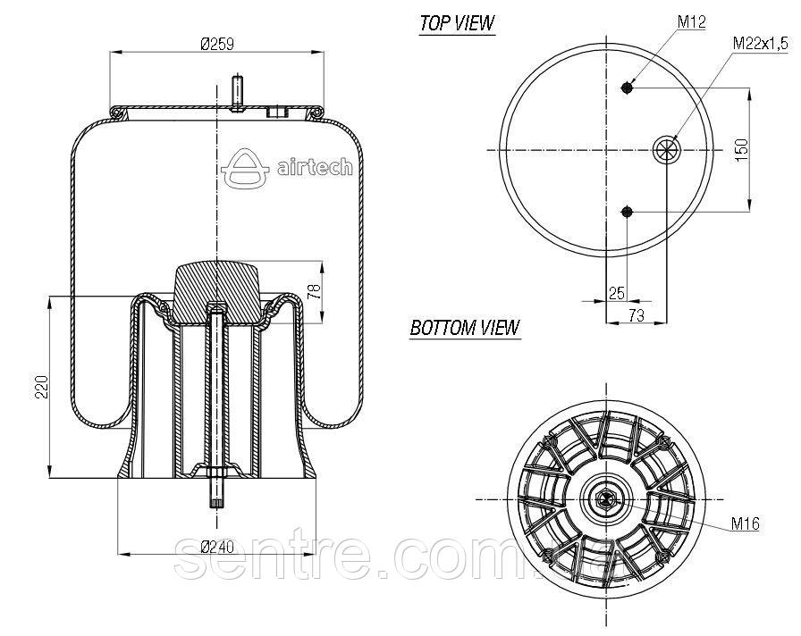 Пневмоподушках SAF 3229003900 з високим склянкою (H=220mm) AIRTECH 32626KPP