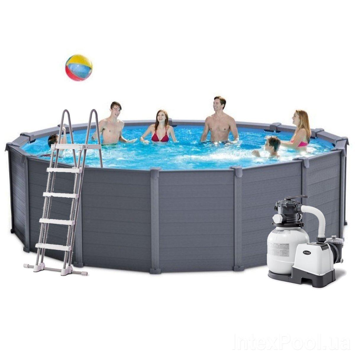 Каркасний басейн Intex 26384, (478 х 124 см) (Пісочний фільтр-насос, 4 500 л/год, драбина, тент, підстилка)