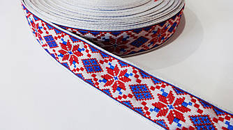Тасьма жакардова 22 мм з українським орнаментом червона з блакитним