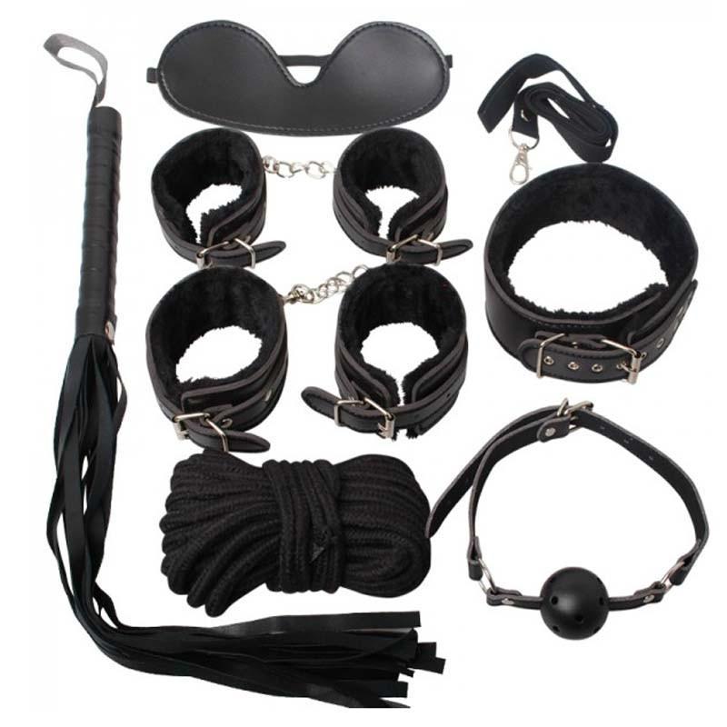 Ігровий БДСМ набір 7 предметів плетка, наручники, кляп, маска, нашийник, мотузка Black