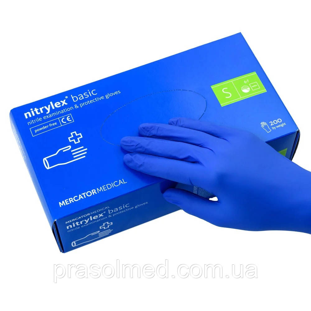 Рукавички нітрилові неопудрені сині NITRYLEX BASIC р. S (100шт./уп.)