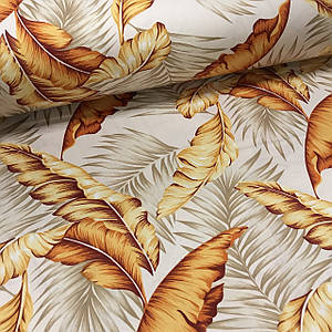 Сатин (ТУРЦІЯ шир. 2,4 м) бананове листя жовтогаряче на бежевому (SAT-S-0008)