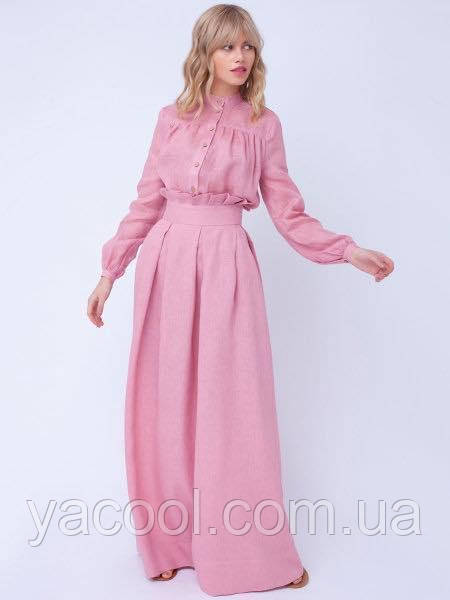 Женский костюм брюки и рубаха, юбка и блуза из натурального льна, розовый, голубой, желтый, сиреневый цвет - фото 3 - id-p1120811537