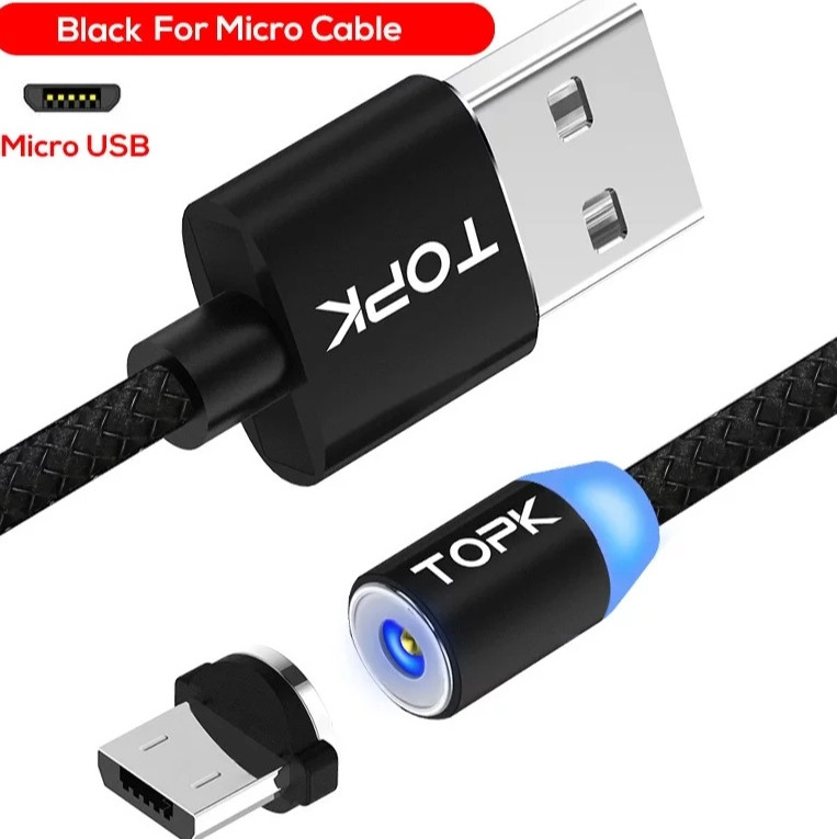 Магнітний Micro USB кабель 2м. TOPK з підсвіткою і круглим конектором. Різні кольори