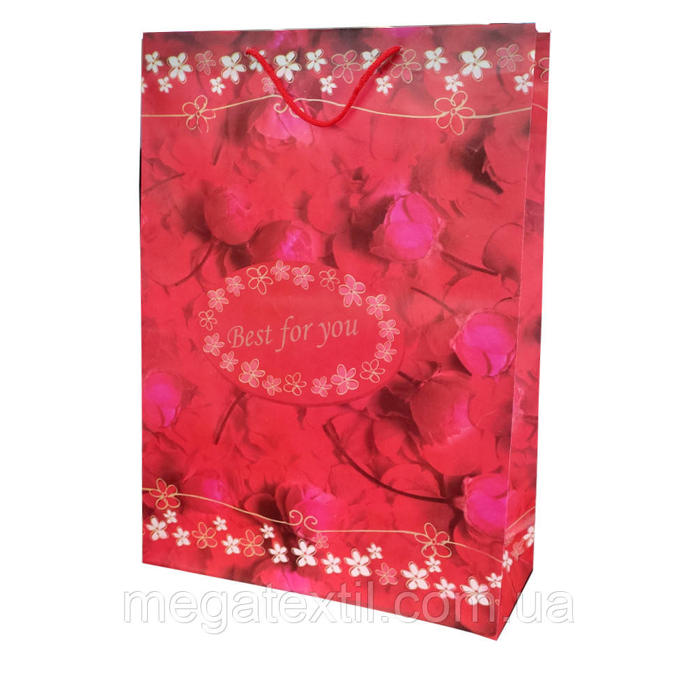 Пакет подарунковий 45х33 см Best for you з пелюстками і трояндами рожевий (42307.002)