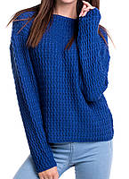Модный женский джемпер с рельефным узором. Модный вязаный джемпер. Шерстяной женский свитер 44, электрик