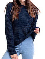 Модный женский джемпер с рельефным узором. Модный вязаный джемпер. Шерстяной женский свитер 46, темно-синий
