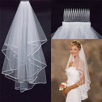 Свадебная белая фата для невесты, двухслойная, расшитая атласной лентой, длина 90 см.