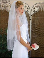 Модна біла вуаль на голову нареченої, двох ярусна, розшита намистинами, довжина 90 см.