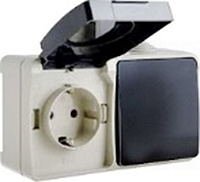 Выключатель одноклавишный и розетка для открытой установки ВС20-1РК1В, 250В, 16А, IP54, УФ-защита