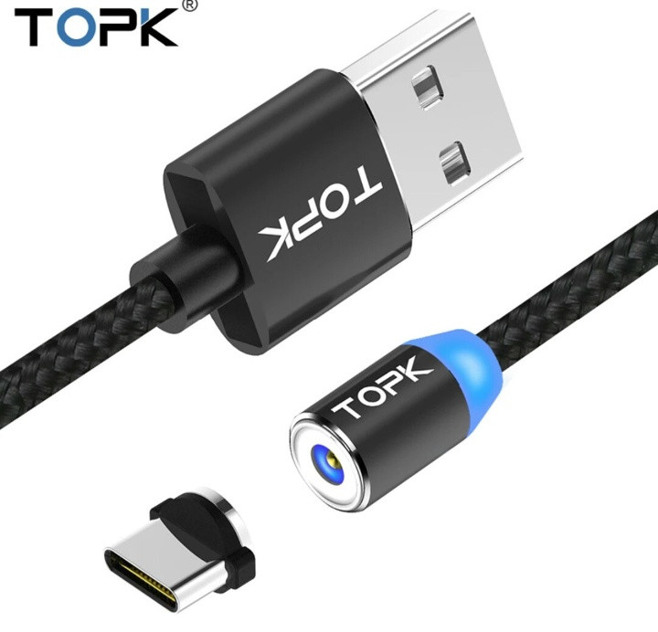 Магнітний Type c USB кабель 2м. TOPK з підсвіткою і круглим конектором. Різні кольори