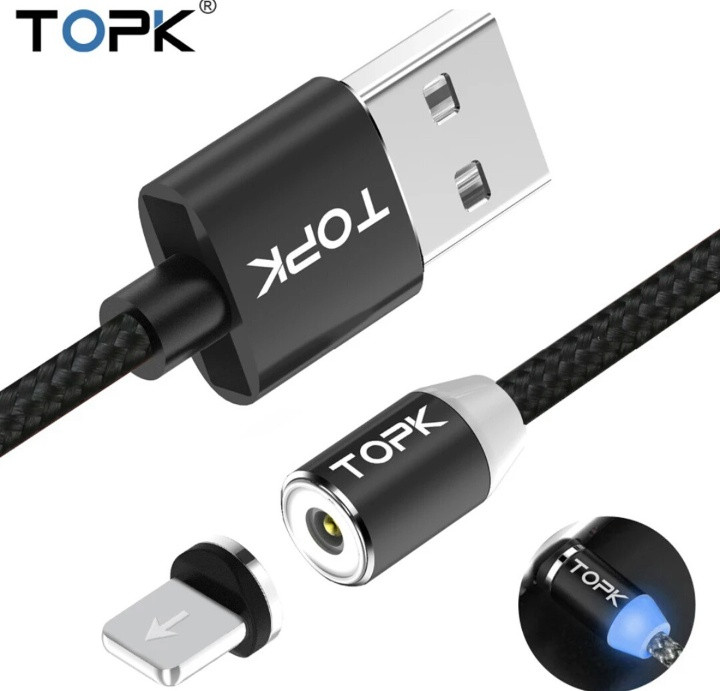 Магнітний USB кабель 2м. для Iphone TOPK з підсвіткою і круглим конектором.