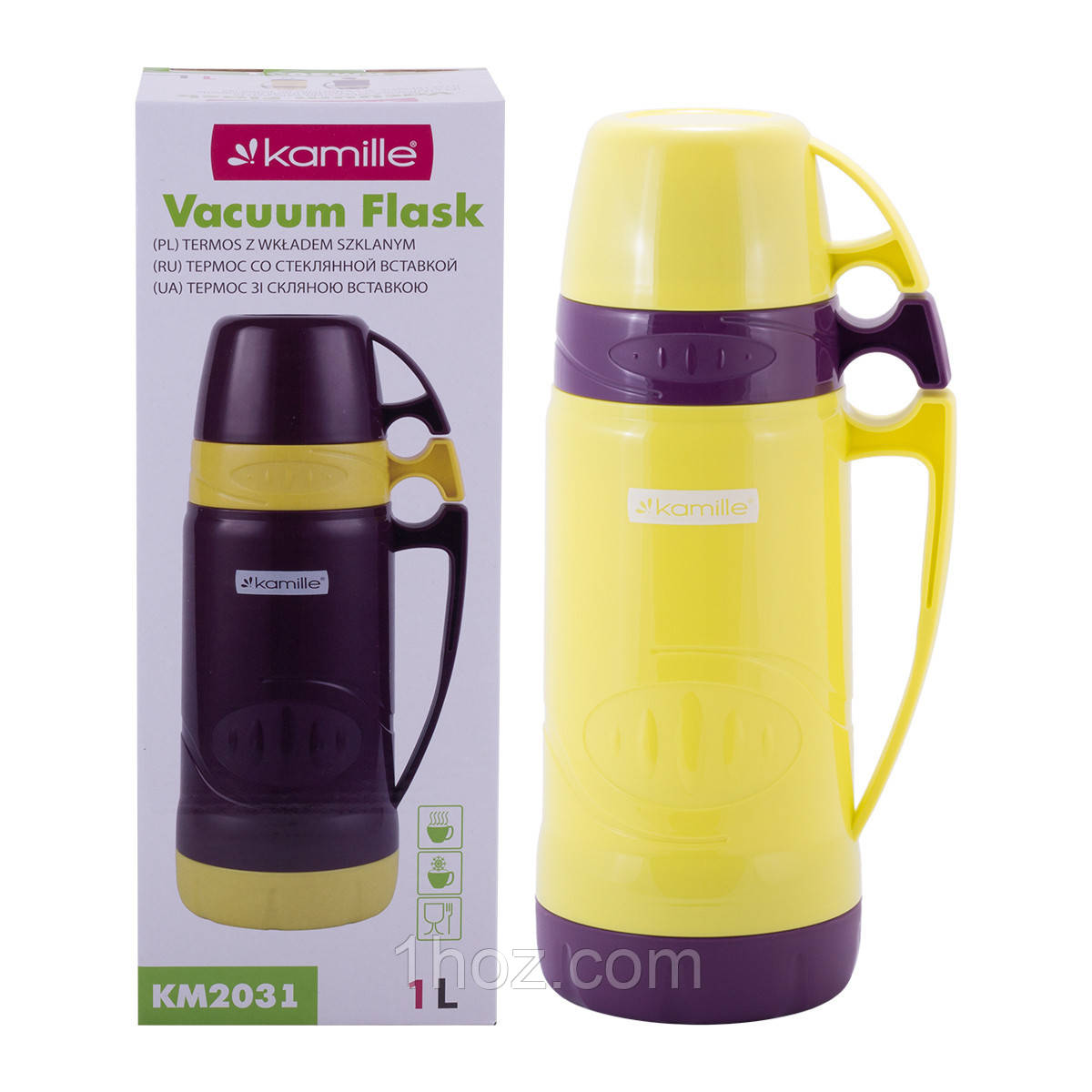 Термос Kamille Жовтий 1000мл пластиковий зі скляною колбою KM-2031, фото 1