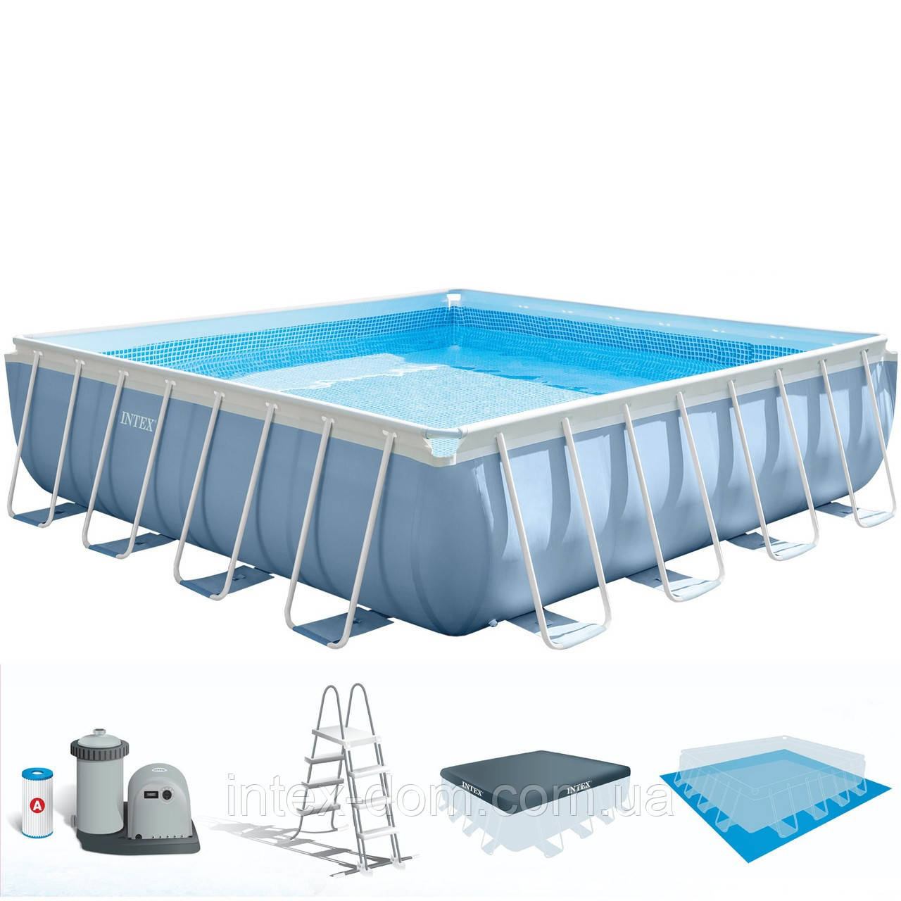 Каркасний басейн Intex 26766, ( 488х488х122 см) (Картріджний фільтр 5678 л/год, тент, підстилка, сходи)