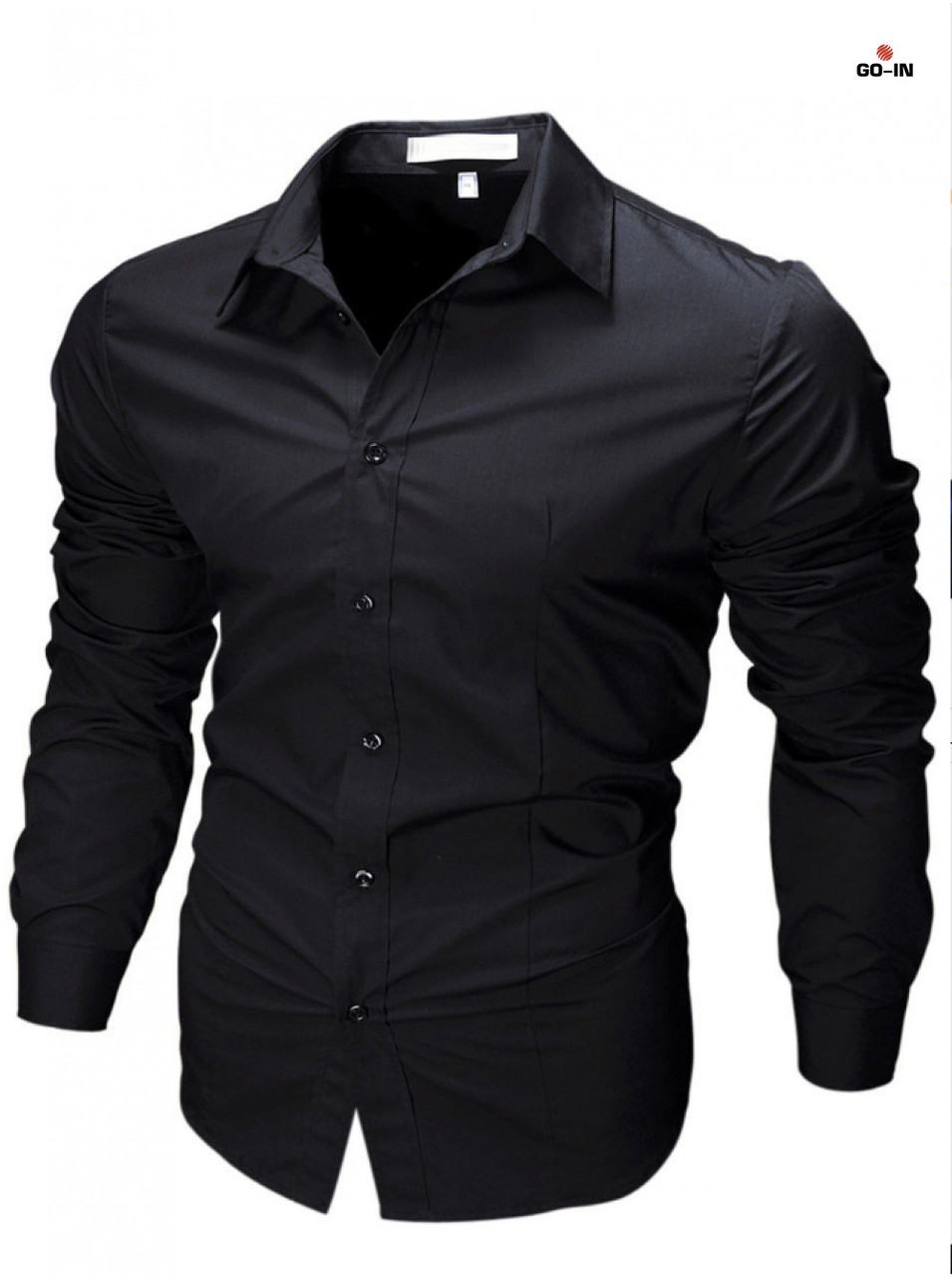Приталена сорочка чоловіча чорна з довгим рукавом однотонна