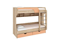Ліжко двоярусне з ящиками та сходами Юнга Пєхотін персик/дуб сонома МДФ