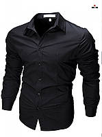 Приталенная рубашка мужская черная с длинным рукавом однотонная