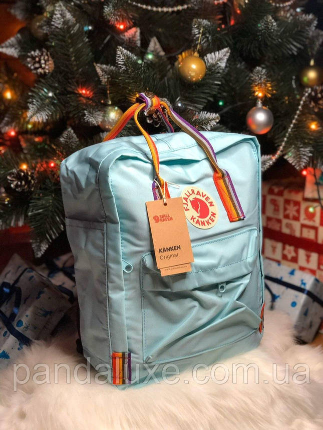 Рюкзак канкен жіночий Fjallraven Kanken Rainbow 16л блакитний з різнокольоровими (райдужними) ручками, фото 1