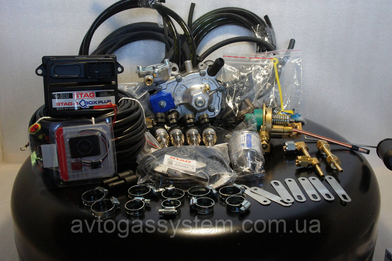 Комплект ГБО 4 покоління Stag Qbox Plus/Tomasetto/форсунки Hana з балоном під запаску, фото 1