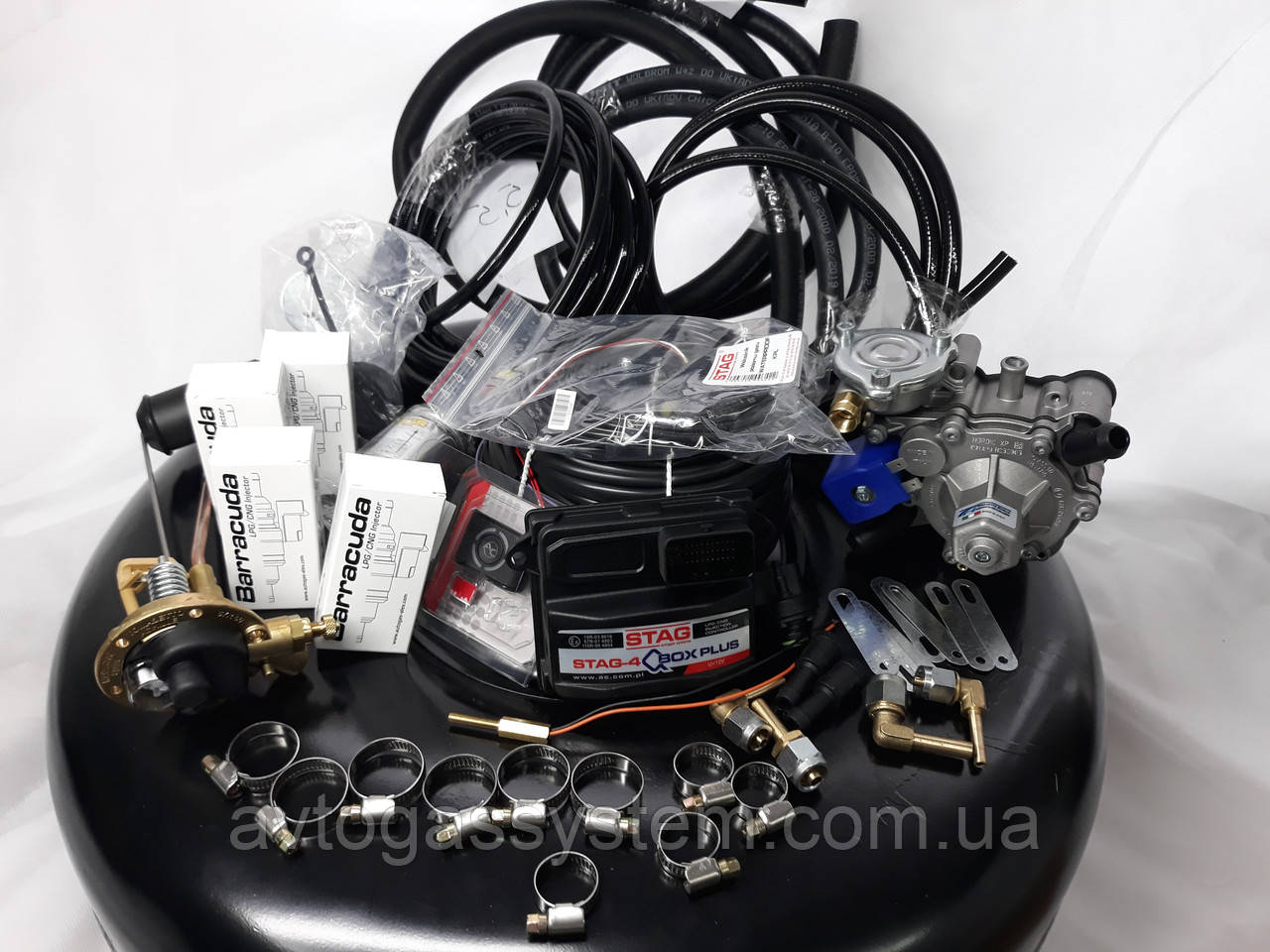 Комплект ГБО 4 покоління Stag Qbox Plus/Tomasetto/форсунки Barracuda з балоном під запаску, фото 1