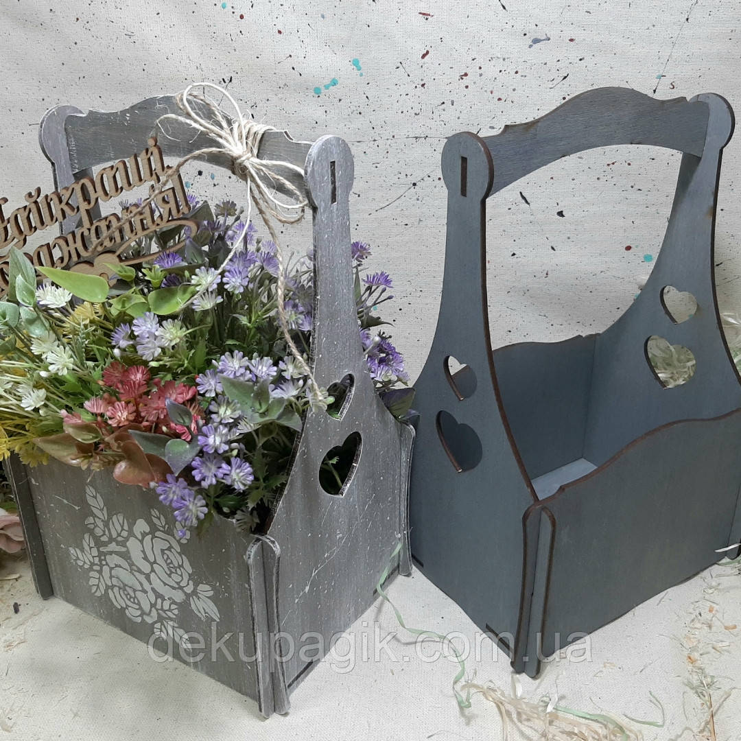 Кошик -кашпо з сердечками 15х19х29см, сіра, фото 1