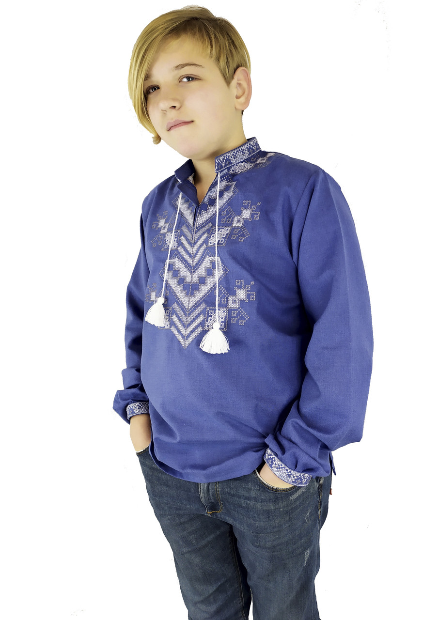 Святкова дитяча підліткова вишиванка для хлопчика з довгим рукавом із домченого полотна
