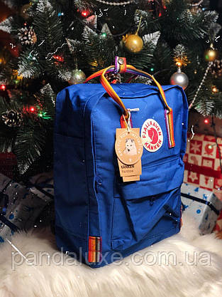 Рюкзак стильний канкен Fjallraven Kanken Rainbow 16л синій з різнокольоровими (райдужними) ручками, фото 3