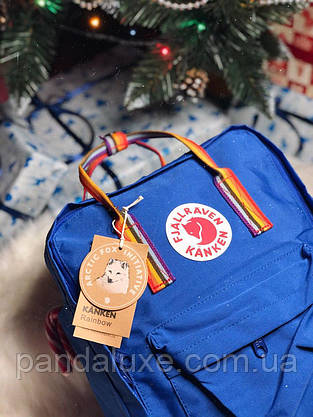 Рюкзак стильний канкен Fjallraven Kanken Rainbow 16л синій з різнокольоровими (райдужними) ручками, фото 5