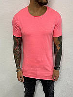 Футболка мужская розовая однотонная удлинённая хлопковая свободная розовая футболка мужская