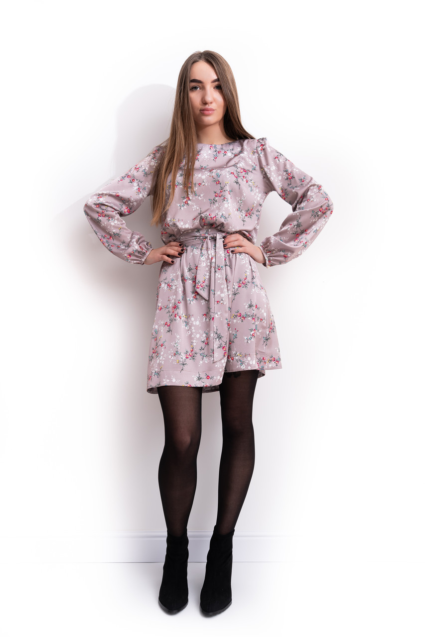 Жіноче плаття із шовку в квітковий принт із поясом у комплекті лінійка беж 42 44 46