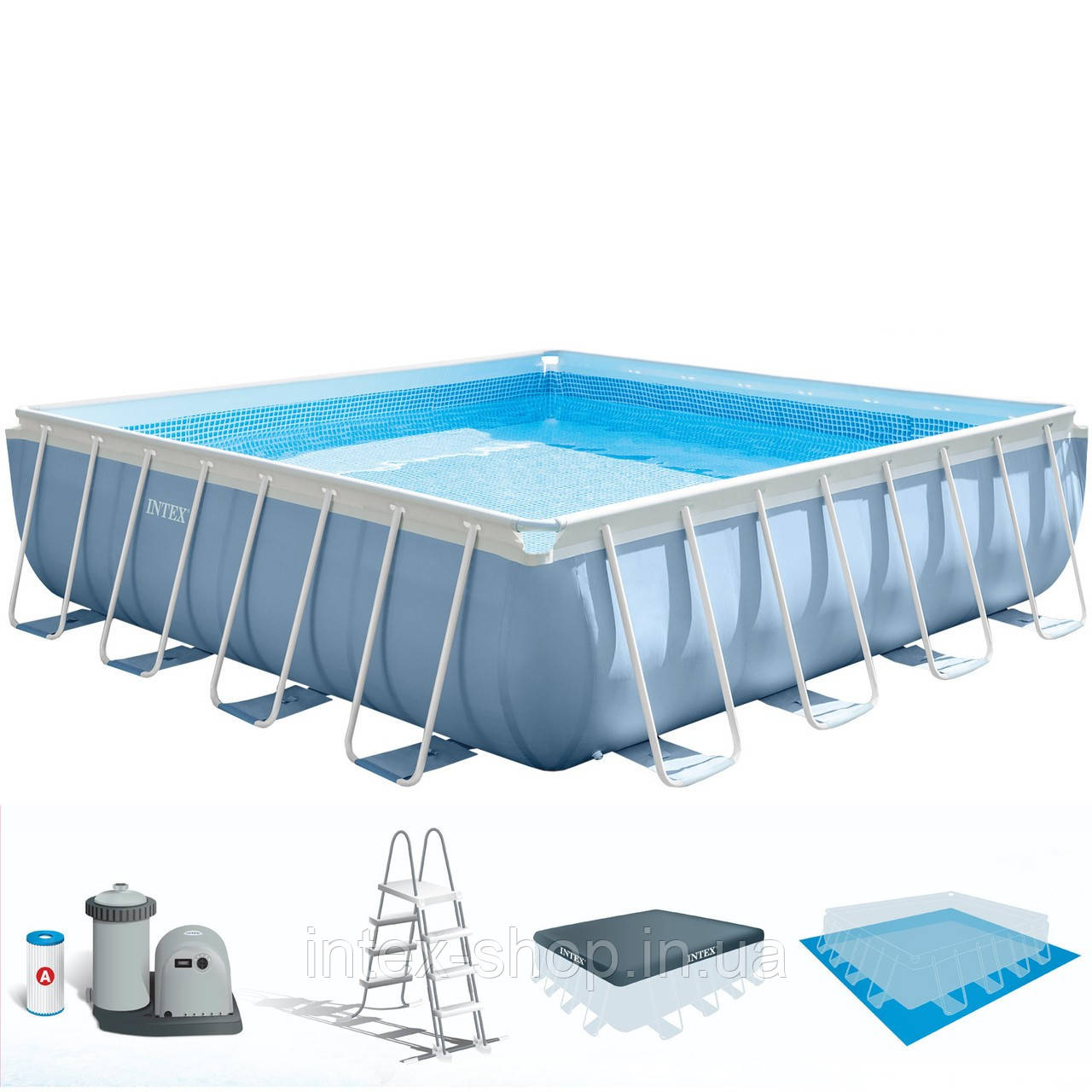 Каркасний басейн Intex 26798, ( 488х488х122 см) (Картріджний фільтр 5678 л/год, тент, підстилка, драбина)
