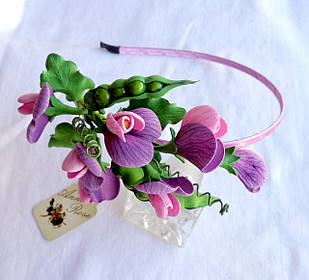 Обруч для волосся з квітами ручної роботи "Запашний горошок рожевий"