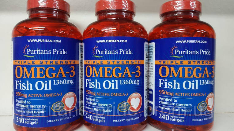 Омега 3 Риб'ячий жир, Puritans Pride Omega-3 Fish Oil 1360 mg (950 mg Active Omega-3) 240 softgels, фото 2